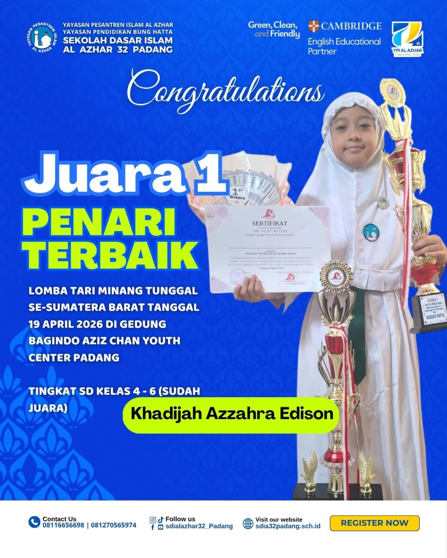 Juara 1 Penari Terbaik Lomba Tari Minang Tunggal Se-Sumatera Barat